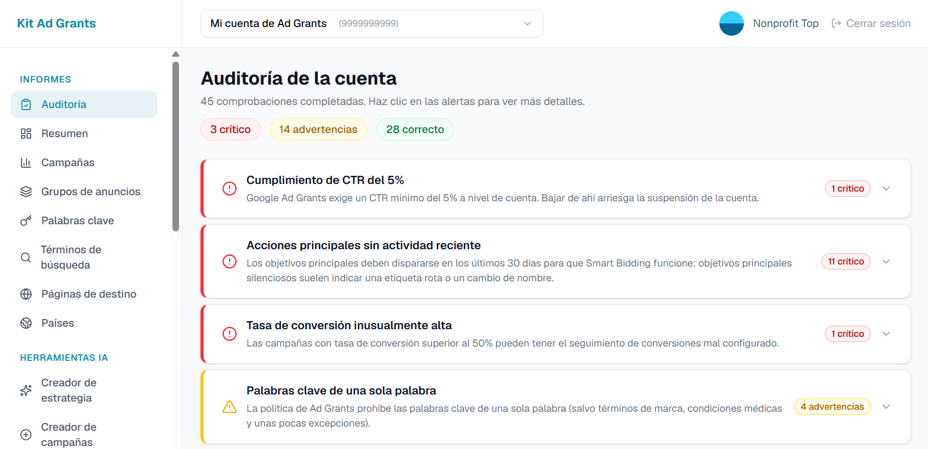Captura de Herramientas Ad Grants
